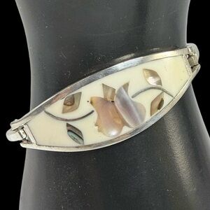 Vintage Peach Purple Blue Tulip Mother of Pearl Inlay Floral Cuff Bracelet